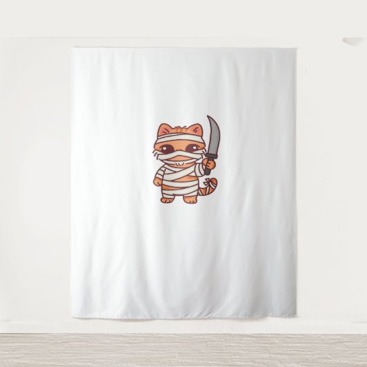 Kawaii Halloween Mummy Cat met Zwaard Classic T-Sh Wandkleed (Voorkant)