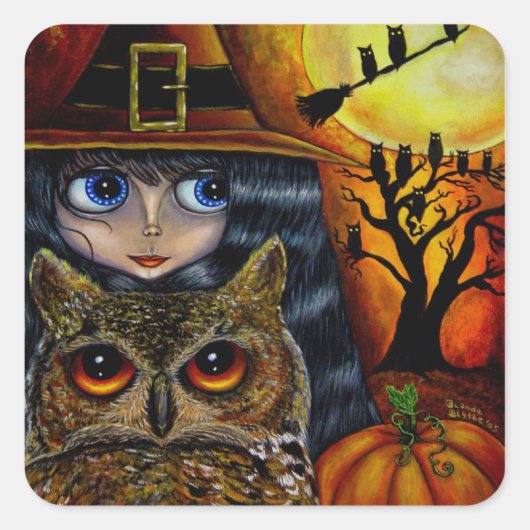 Kawaii Halloween Owl Witch Doll met grote ogen Vierkante Sticker (Voorkant)