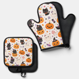Kawaii Halloween-patroon met Mooie Pompoenen Ovenwant & Pannenlap Set