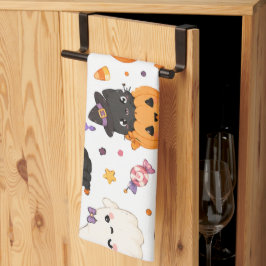 Kawaii Halloween-patroon met Mopige Pompoenen Theedoek