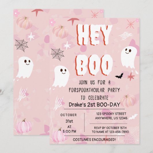 Kawaii Halloween Pink Ghost Birthday Hey Boo Kaart (Voorkant / Achterkant)