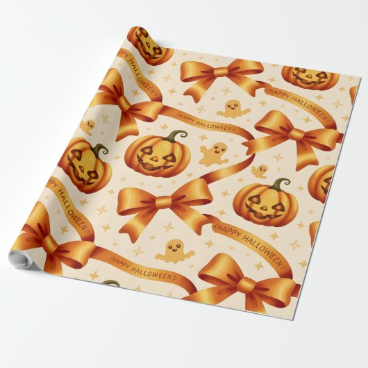 Kawaii Halloween Pompoen & Bogen Gift Wrapping Pap Cadeaupapier (Uitgerold)