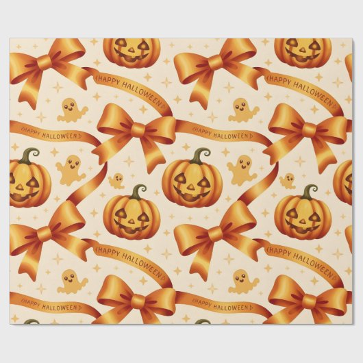 Kawaii Halloween Pompoen & Bogen Gift Wrapping Pap Cadeaupapier (Vlak)