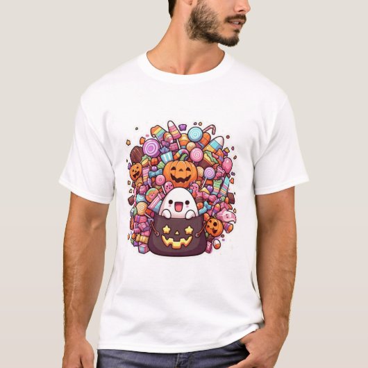 Kawaii Halloween Snoep Bucket Schattige Ghost & Pu T-shirt (Voorkant)