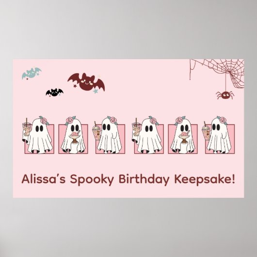 Kawaii Halloween Verjaardag Poster - Roze Geesten (Voorkant)