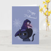 Kawaii Halloween Witch Cat Drawing Kaart (Gele Bloem)