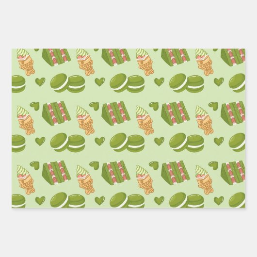 Kawaii Hand-Drawn Matcha Sweets Seamless Pattern Inpakpapier Vel (Voorkant)