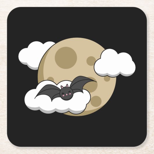 Kawaii Happy Bat Flying op Full Moon Kartonnen Onderzetters (Voorkant)