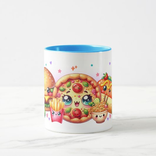 Kawaii Happy Food Cute Burger, Pizza & Hotdog Mok (Midden)