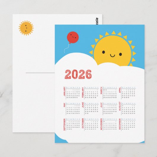 Kawaii Happy Sun 2026 Kalender Briefkaart (Voorkant / Achterkant)