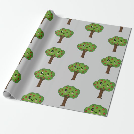 Kawaii Happy Winking Apple Tree Cadeaupapier (Uitgerold)