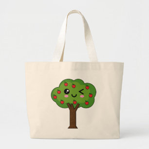 Kawaii Happy Winking Apple Tree Grote Tote Bag