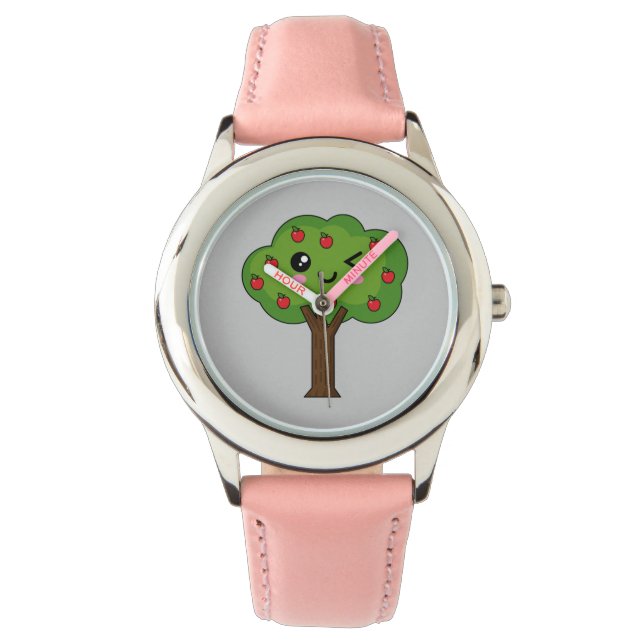 Kawaii Happy Winking Apple Tree Horloge (Voorkant)