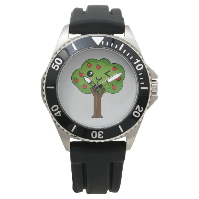Kawaii Happy Winking Apple Tree Horloge (Voorkant)