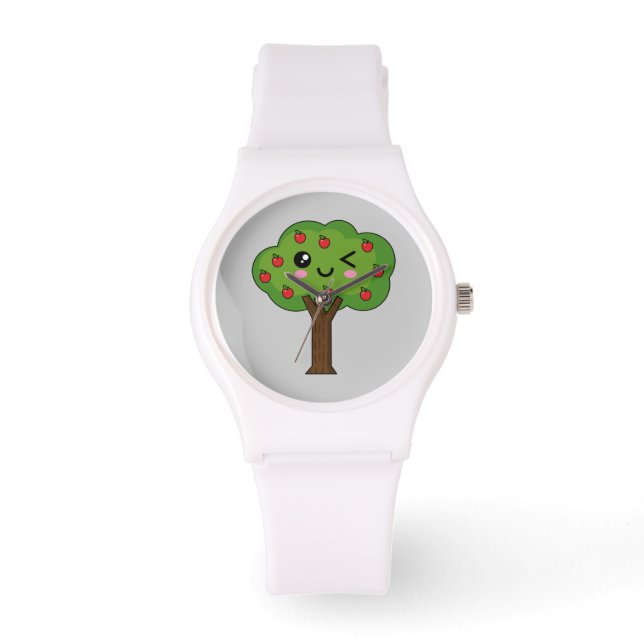 Kawaii Happy Winking Apple Tree Horloge (Voorkant)