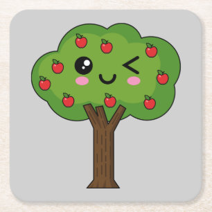 Kawaii Happy Winking Apple Tree Kartonnen Onderzetters