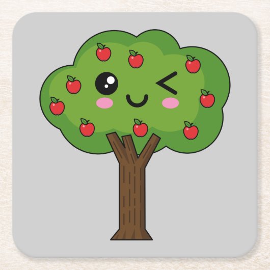 Kawaii Happy Winking Apple Tree Kartonnen Onderzetters (Voorkant)