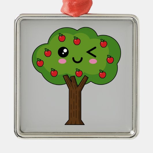 Kawaii Happy Winking Apple Tree Metalen Ornament (Voorkant)