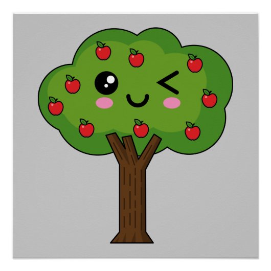 Kawaii Happy Winking Apple Tree Perfect Poster (Voorkant)