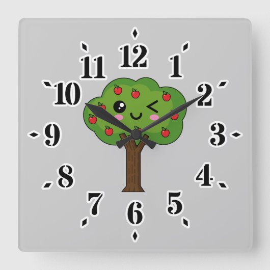 Kawaii Happy Winking Apple Tree Vierkante Klok (Voorkant)