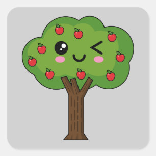 Kawaii Happy Winking Apple Tree Vierkante Sticker