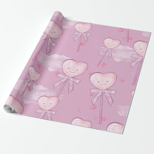 Kawaii Heart Lollipop Pattern – Pastel Paarse Cadeaupapier (Uitgerold)