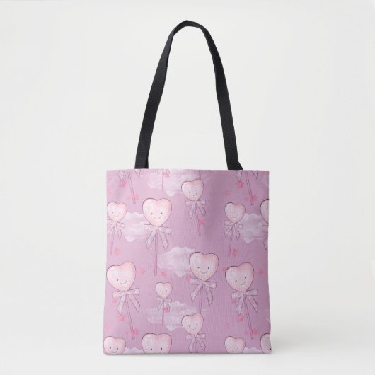 Kawaii Heart Lollipop Pattern – Pastel Paarse Tote Bag (Voorkant)