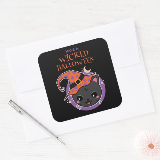 Kawaii Heks Kat Halloween Vierkante Sticker (Envelop)