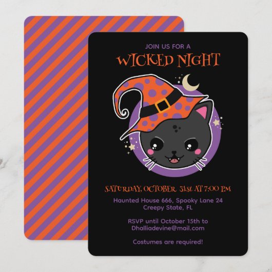 Kawaii Heksenkat Halloweenfeest Kaart (Voorkant / Achterkant)