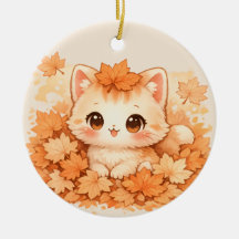 Kawaii Herfstblad Kitty - Knus Herfstkat Ornament