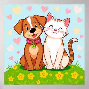 Kawaii Hond en Kat Cartoon Huisdieren Muur Decorat Poster