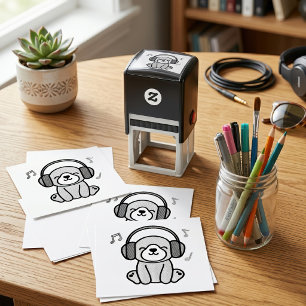 Kawaii Hond Puppies Met Kleurrijke Koptelefoons La Zelfinktende Stempel