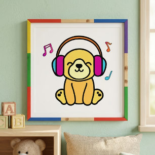 Kawaii Hond Puppy Lachend Met Kleurrijke Koptelefo Foto Afdruk