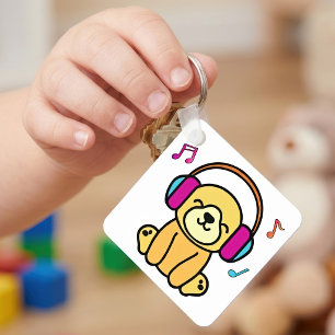 Kawaii Hond Puppy Lachend Met Kleurrijke Koptelefo Sleutelhanger