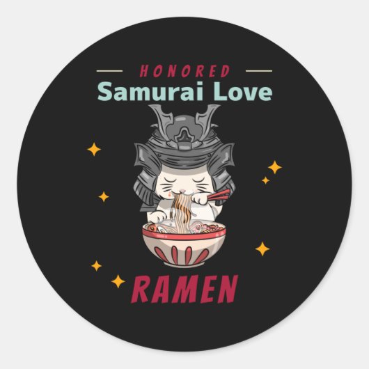 Kawaii Honored Samurai Cat Eat Ramen Ronde Sticker (Voorkant)