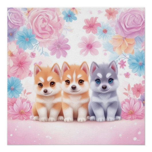 Kawaii Husky Pair Muurkunst & Poster (Voorkant)