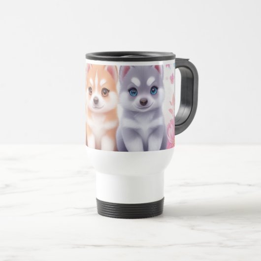 Kawaii Husky Puppies: Pastel Pals Koffie Reisbeker (Voorkant rechts)