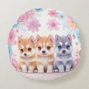 Kawaii Husky Puppies: Pastel Pals Sierkussen Rond Kussen