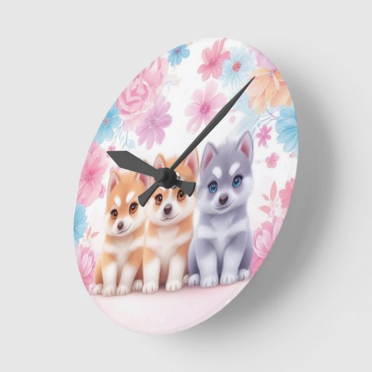 Kawaii Husky Puppies: Pastel Pals Sierkussen Ronde Klok (Hoek)