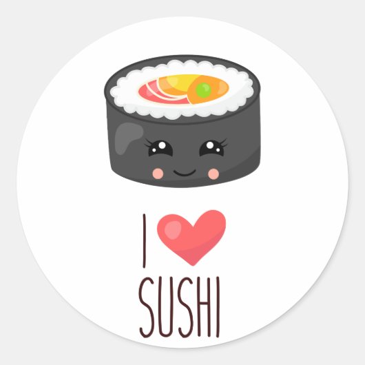 Kawaii I Love Sushi Ronde Sticker (Voorkant)