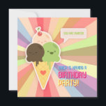 Kawaii Ice Cream Birthday Party Invitation Kaart<br><div class="desc">sjabloon voor verjaardagsfeestjes met een kawaii-vectorontwerp met een schattige ijskegel met gelukkige gezichten chocolade, kersenijs en mint-ijs op regenboogkleuren met radiale achtergrond. Pas het met uw eigen tekst aan beide kanten aan of pas het verder aan als u wenst om de lay-out aan te passen of een verschillende uitnodigingsgrootte te...</div>
