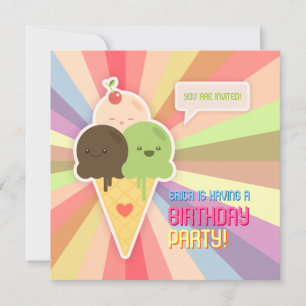 Kawaii Ice Cream Birthday Party Invitation Kaart