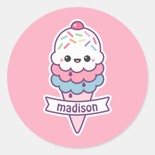 Kawaii Ice Cream Cone Ronde Sticker (Voorkant)