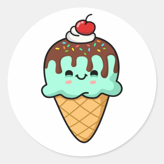 Kawaii Ice Cream Cone Ronde Sticker (Voorkant)