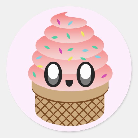 Kawaii Ice Cream Strawberry Strooiers Ronde Sticker (Voorkant)