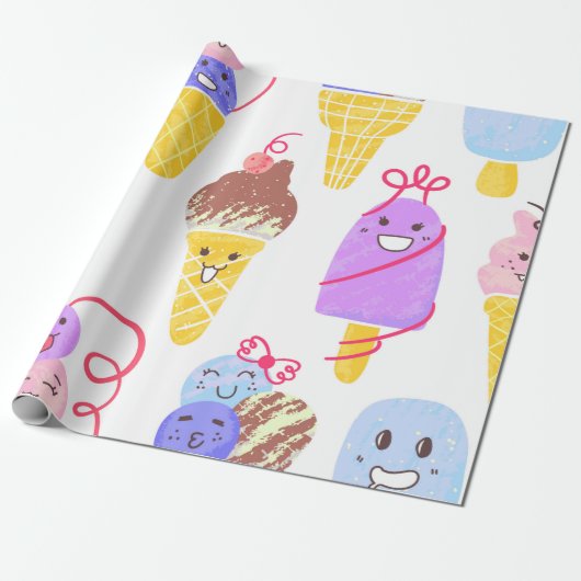 Kawaii Ice Creams Pattern, Kawaii Character Ice Cr Cadeaupapier (Uitgerold)