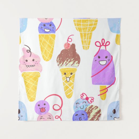 Kawaii Ice Creams Pattern, Kawaii Character Ice Cr Wandkleed (Voorkant)