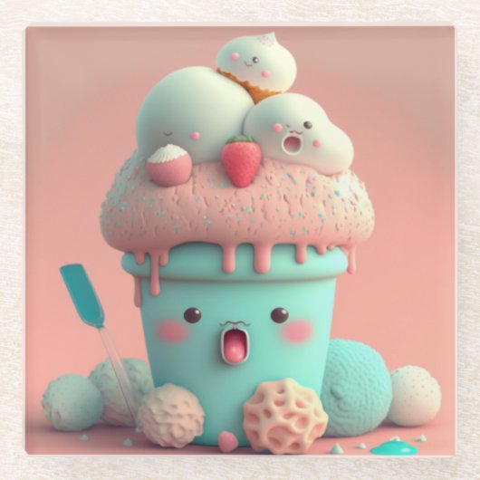 Kawaii-ijs Glazen Onderzetter (Voorkant)
