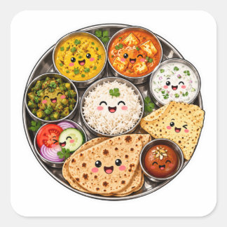 Kawaii Indiase Thali Sticker, Schattelijk Indisch Vierkante Sticker