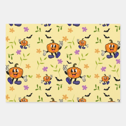 Kawaii Jack-o’-Lantern with Flowers and Bats Inpakpapier Vel (Voorkant)